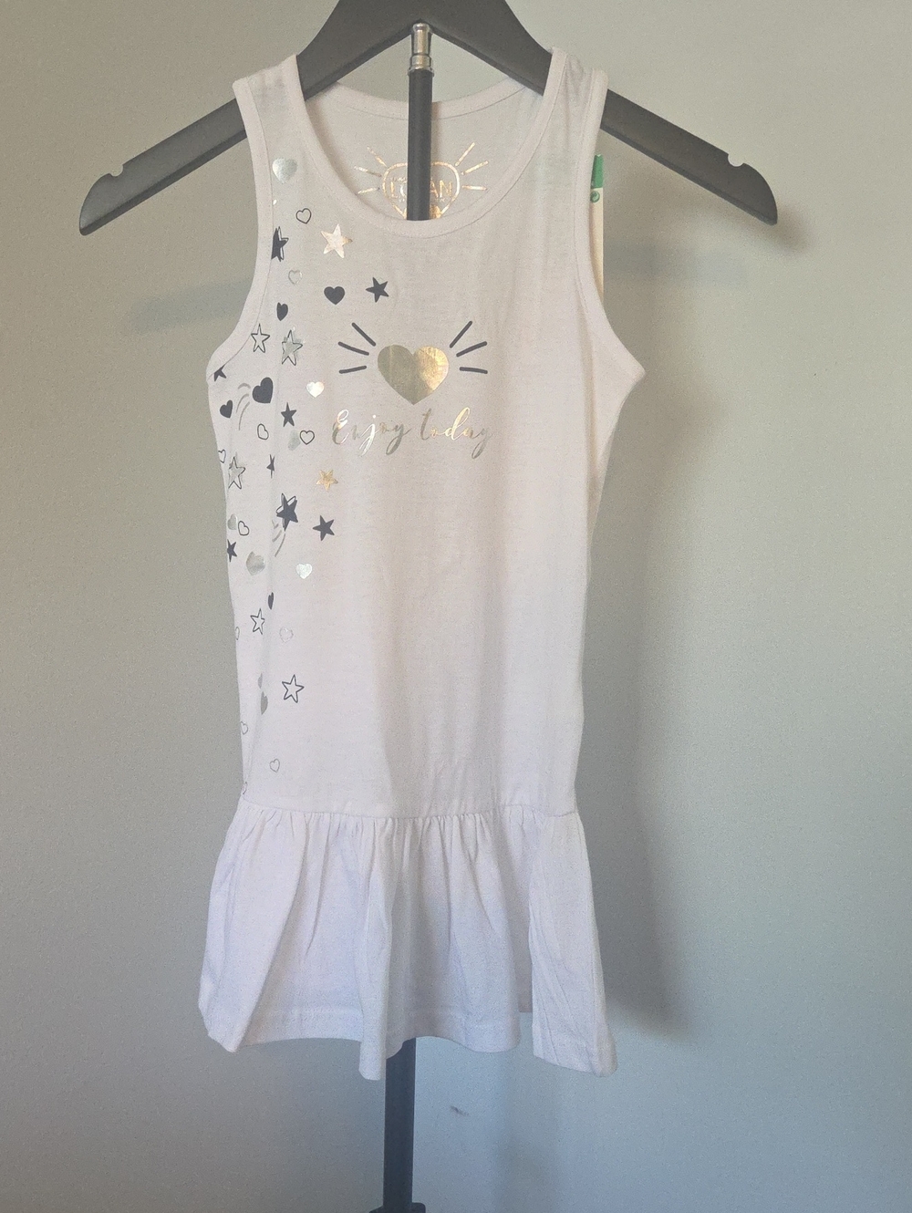 Girls White Tank Dress with Gold Heart & Star Print